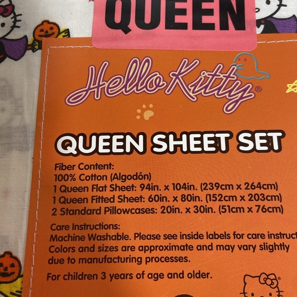 New Hello Kitty Queen Sheet & Pillow Case Set Halloween Witch Pumpkin Broom Bat - Picture 4 of 5